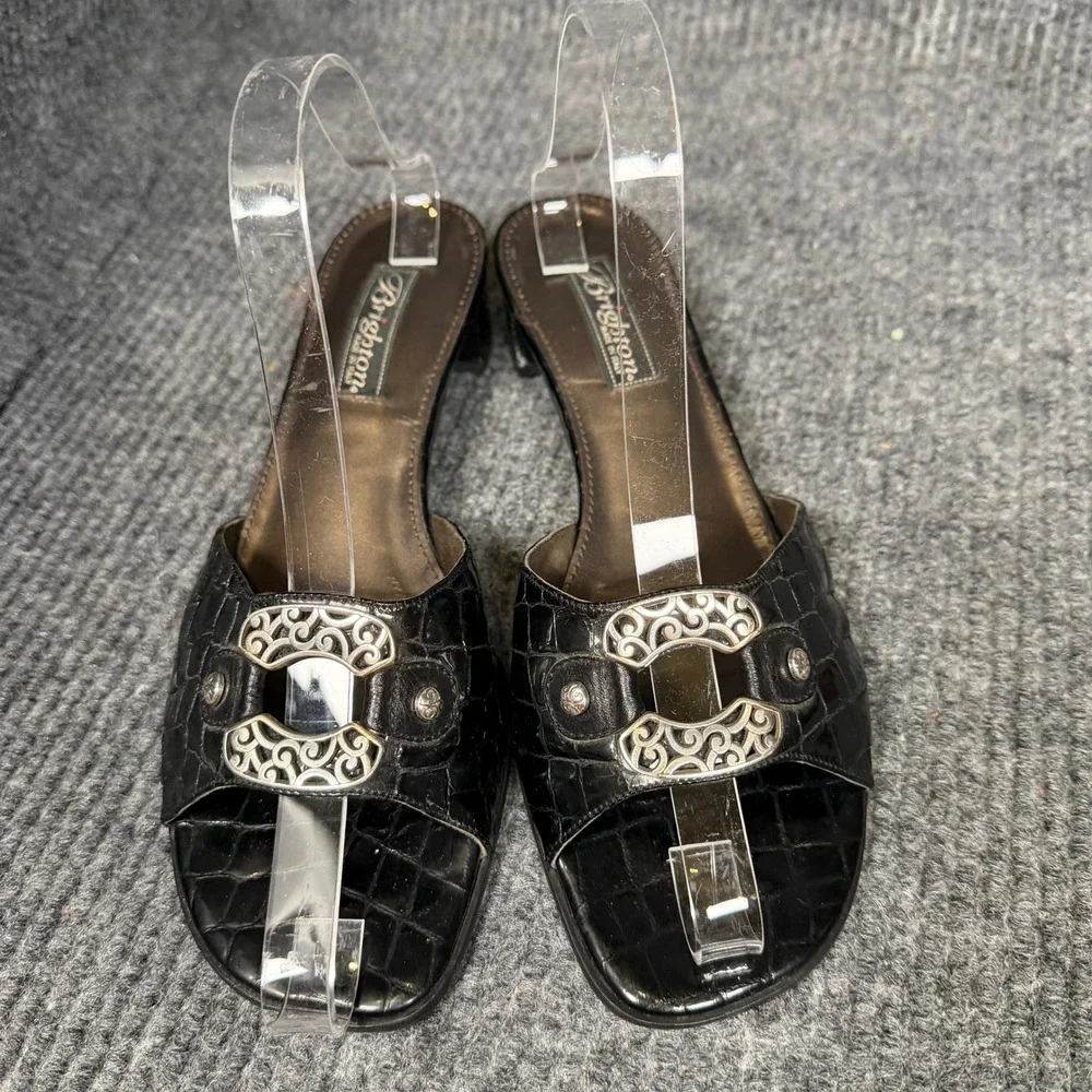 Vintage Brighton Lady Slide Sandals Womens 9 M Black Croc Leather Italy Ornate